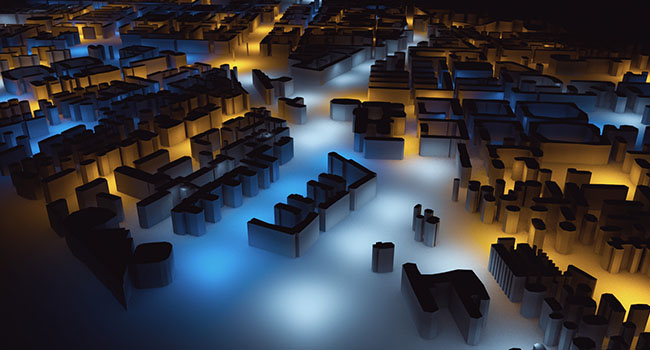 rendering of downtown Uppsala equipped with hybrid city lighting