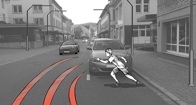 dynmaic projection on the street when the lamp detects that a child is running on the street